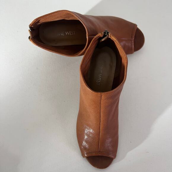 Nine West : Blaze Cognac Leather Open-Toe Wedge Ankle Booties : 5 1/2 - Picture 10 of 10